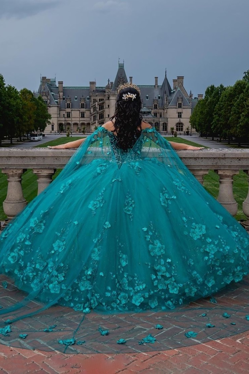 Quinceanera Ball Gown in Blue with Off-Shoulder Neckline and 3D Appliques
