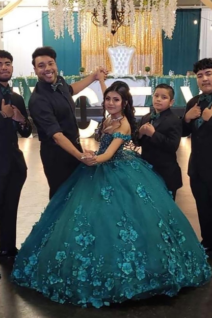 Quinceanera Ball Gown in Blue with Off-Shoulder Neckline and 3D Appliques