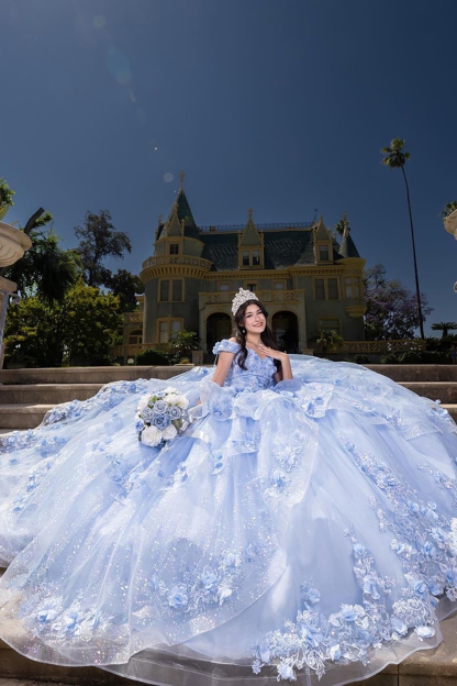 Light Blue Sparkly Off-the-Shoulder Quinceanera Ball Gown in Tulle with Appliques