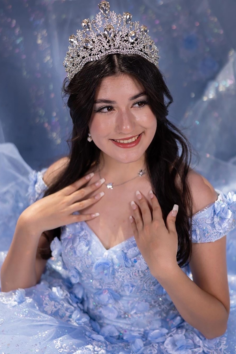 Light Blue Sparkly Off-the-Shoulder Quinceanera Ball Gown in Tulle with Appliques