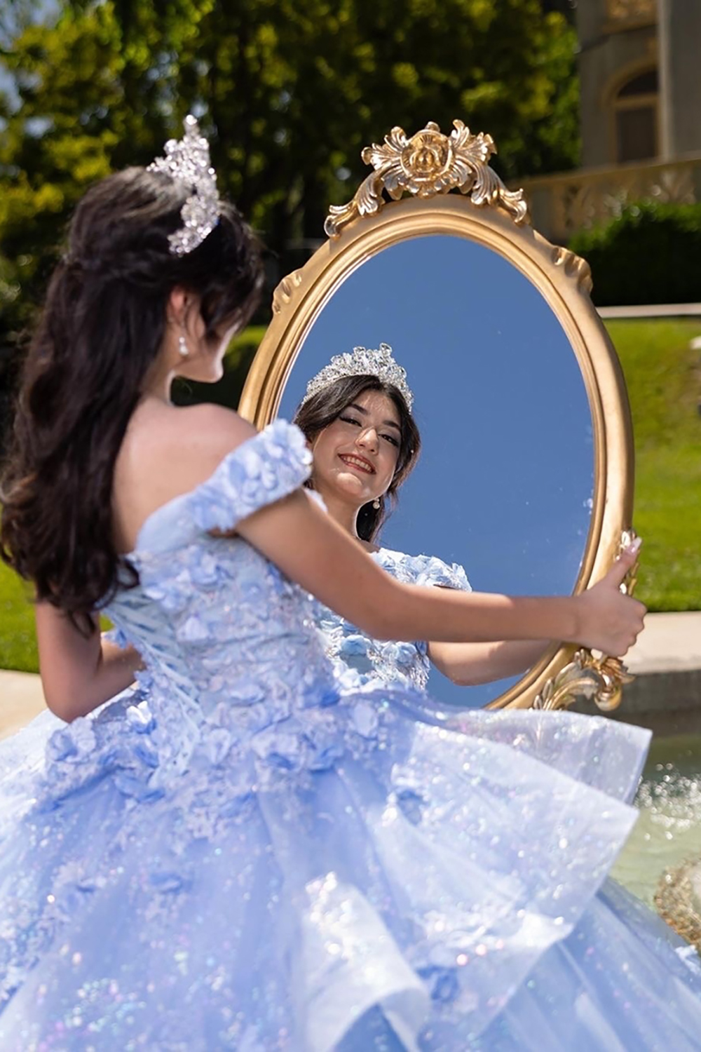 Light Blue Sparkly Off-the-Shoulder Quinceanera Ball Gown in Tulle with Appliques