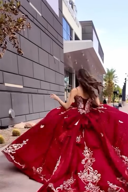 Burgundy Glitter Quinceanera Ball Gown with Beaded Spaghetti Straps