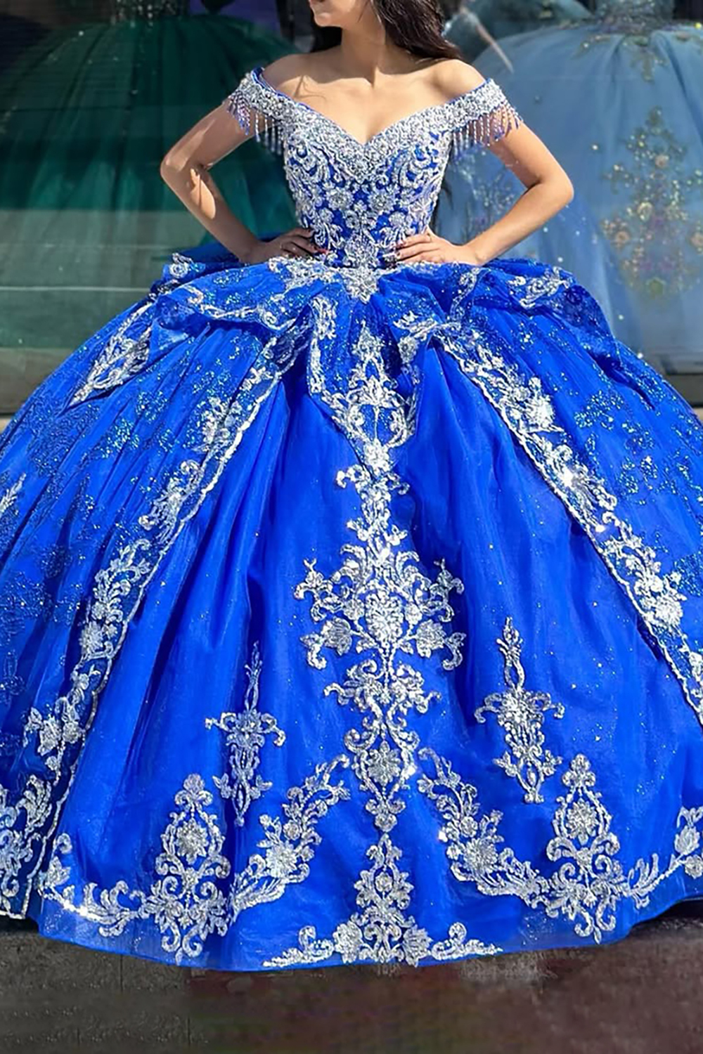 Royal Blue Sparkle Off-Shoulder Fringe Quinceanera Dress with Tulle Applique