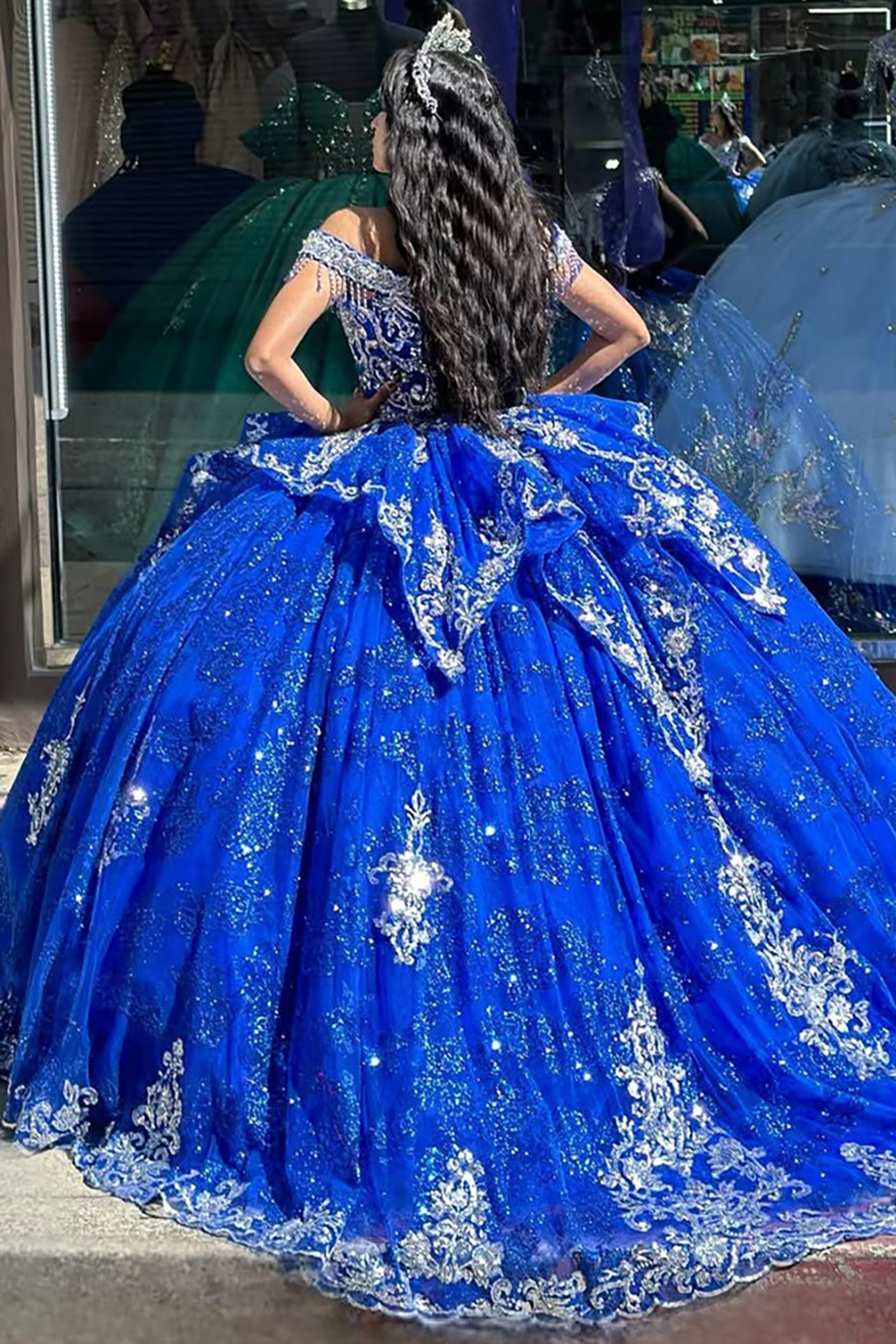 Royal Blue Sparkle Off-Shoulder Fringe Quinceanera Dress with Tulle Applique