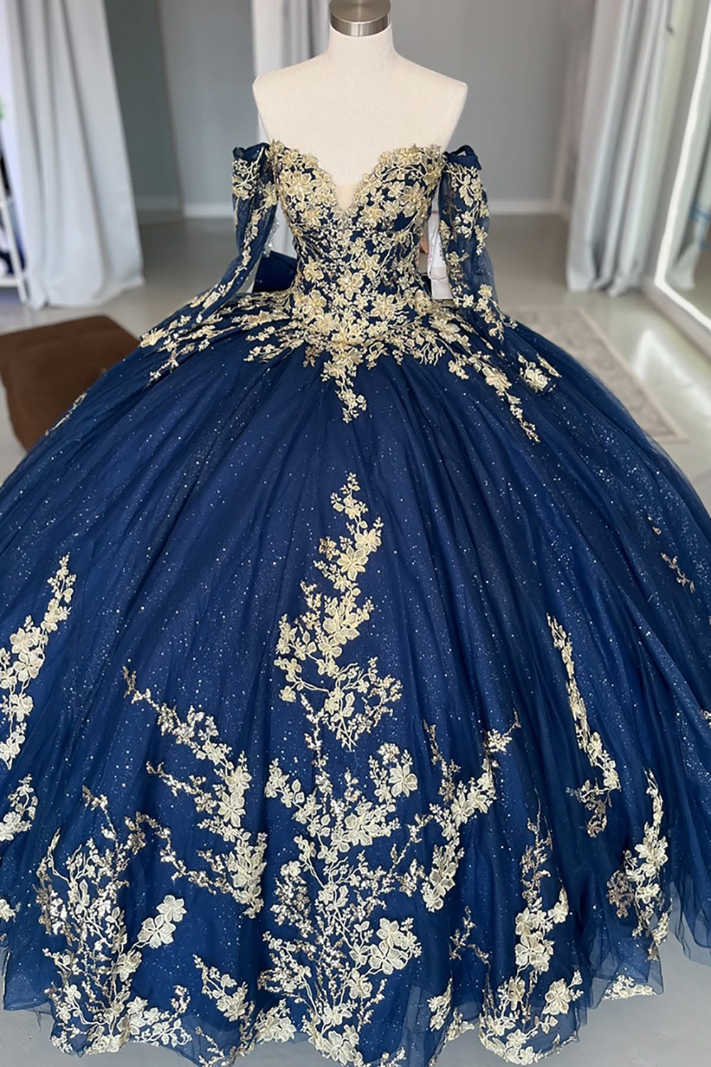 Golden Navy Off-the-Shoulder Ball Gown with Long Sleeves and Appliques for Quinceanera