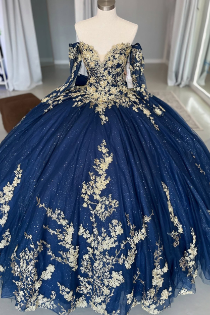 Golden Navy Off-the-Shoulder Ball Gown with Long Sleeves and Appliques for Quinceanera