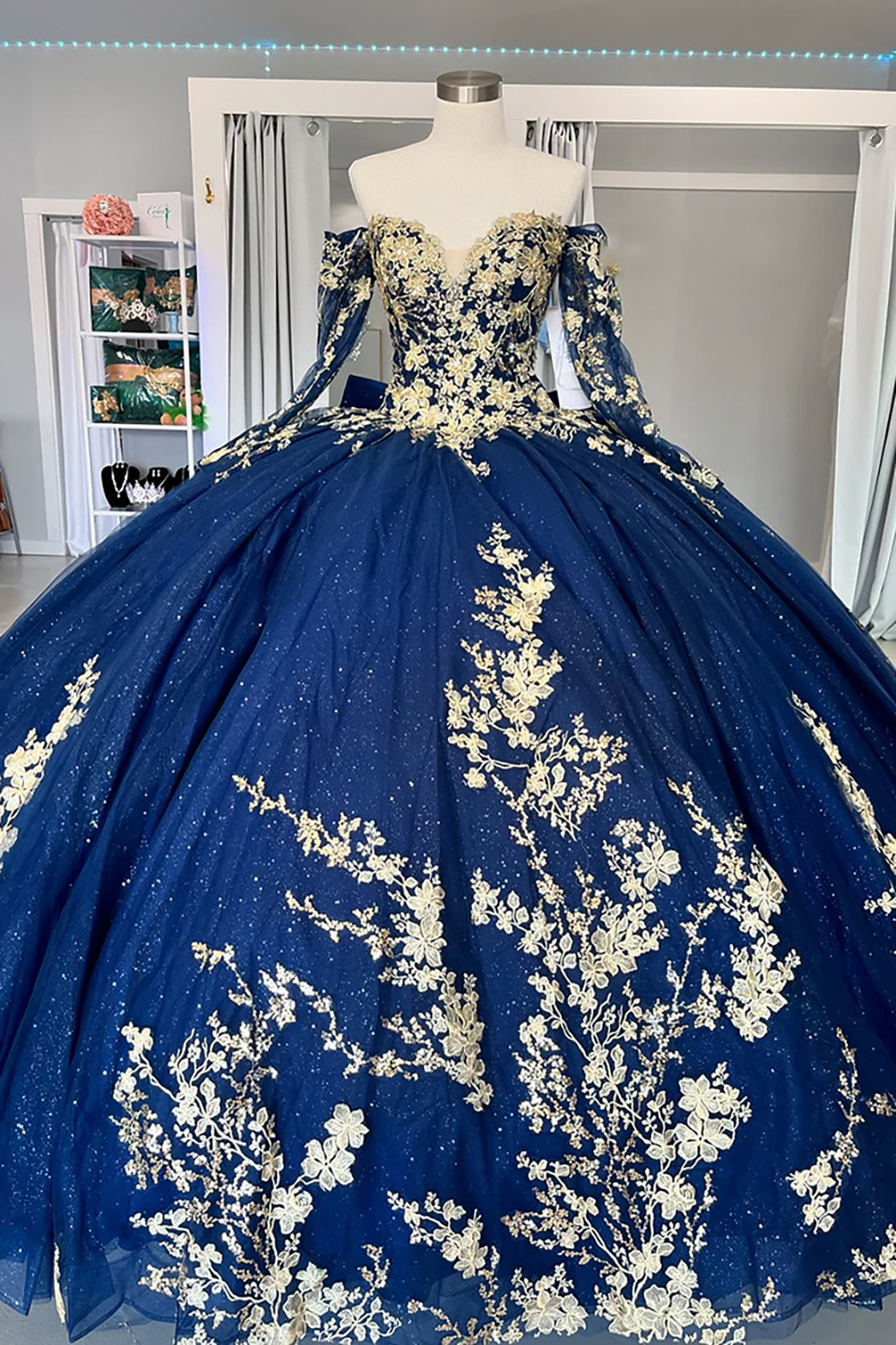 Golden Navy Off-the-Shoulder Ball Gown with Long Sleeves and Appliques for Quinceanera