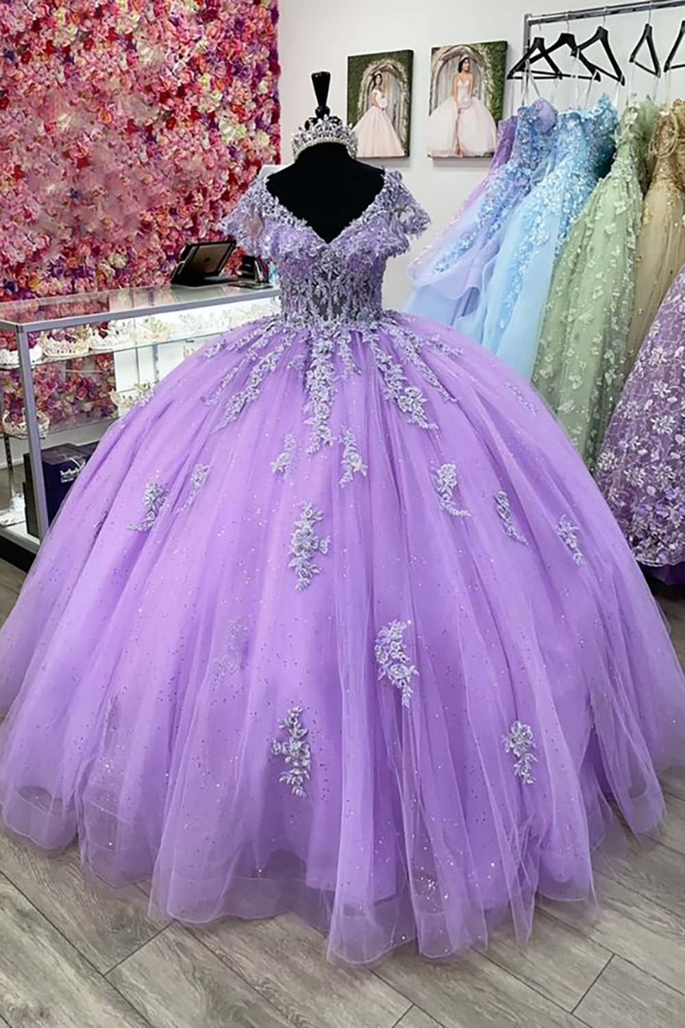 Off the Shoulder Lilac Quinceanera Ball Gown in Tulle with Appliques