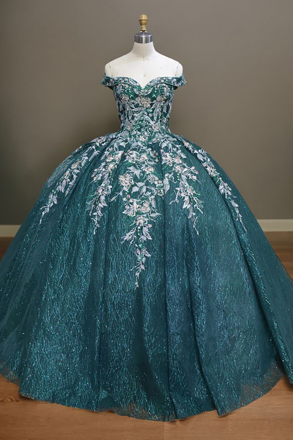 Off-the-Shoulder Princess Quinceanera Dress with Peacock Glitter and Appliques