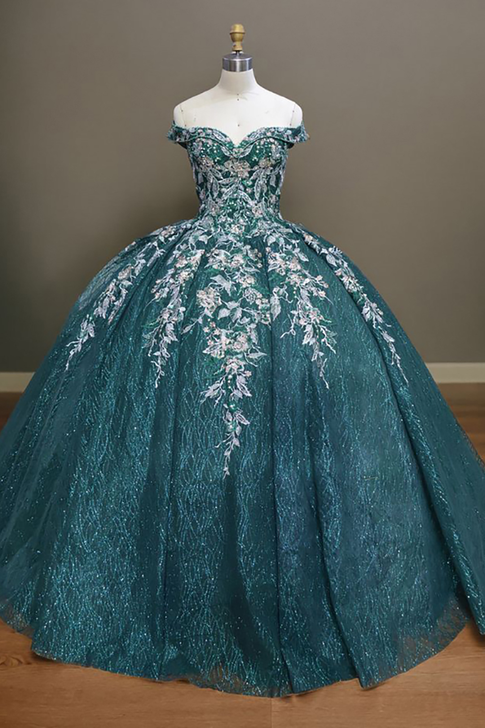 Off-the-Shoulder Princess Quinceanera Dress with Peacock Glitter and Appliques