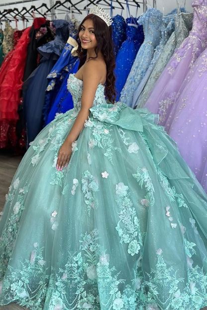 Sweetheart Ball Gown in Sage Green Tulle with Appliques for Quinceanera
