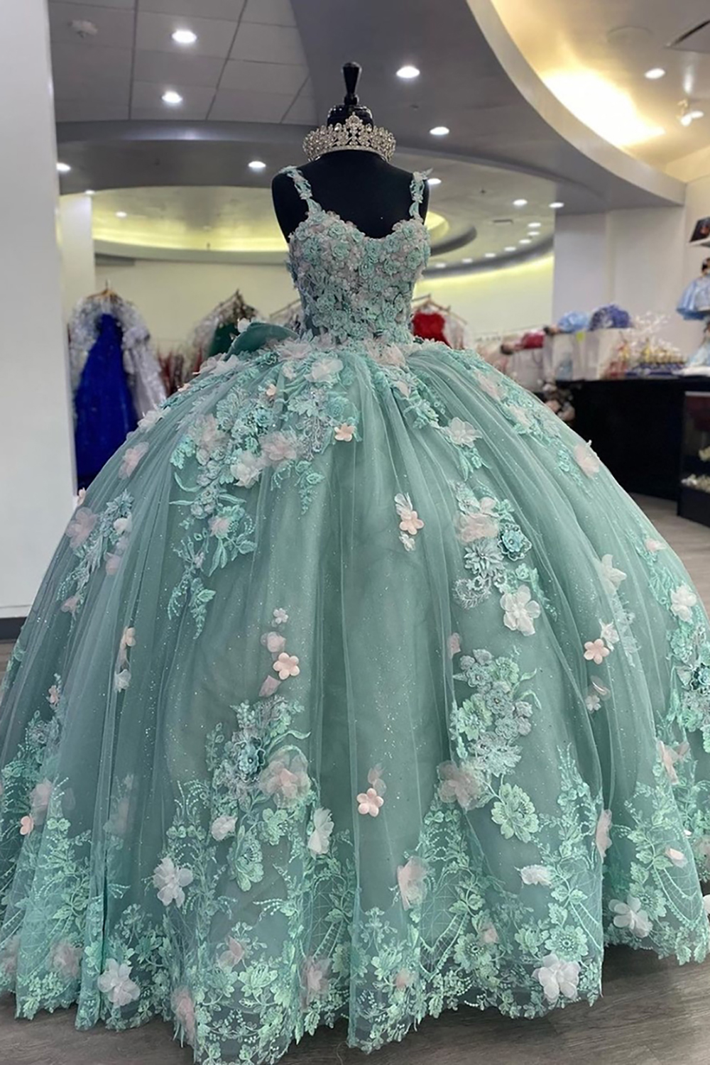 Sweetheart Ball Gown in Sage Green Tulle with Appliques for Quinceanera