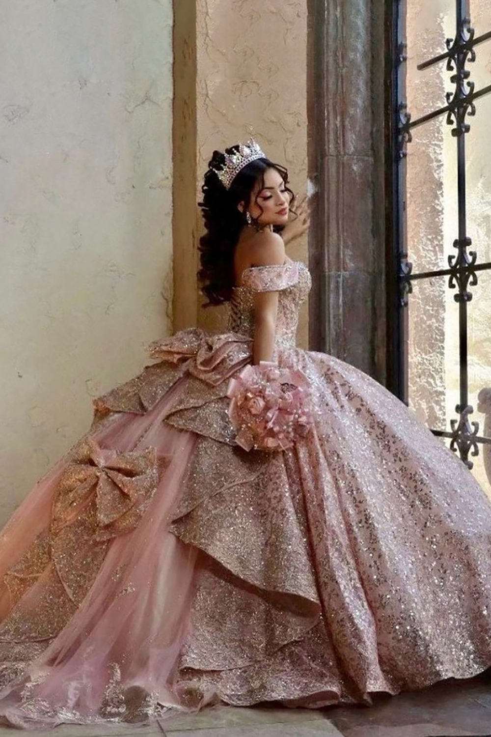 Off-the-Shoulder Dusty Rose Ball Gown with Sparkly Sequins and Beading for Quinceanera