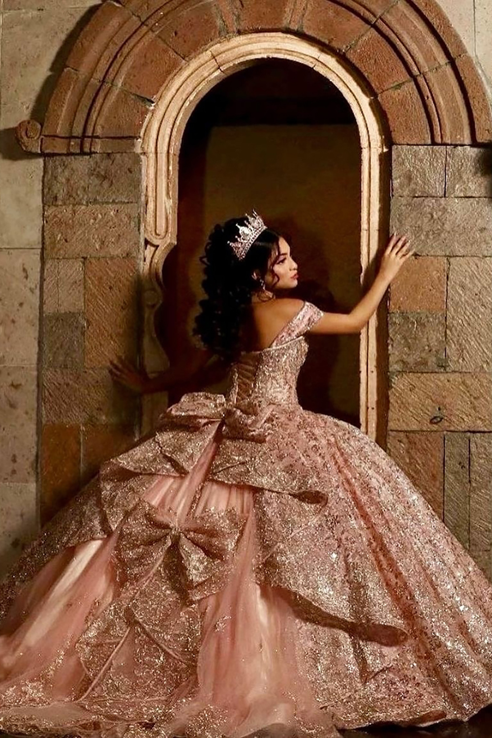 Off-the-Shoulder Dusty Rose Ball Gown with Sparkly Sequins and Beading for Quinceanera
