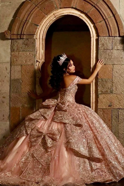 Off-the-Shoulder Dusty Rose Ball Gown with Sparkly Sequins and Beading for Quinceanera