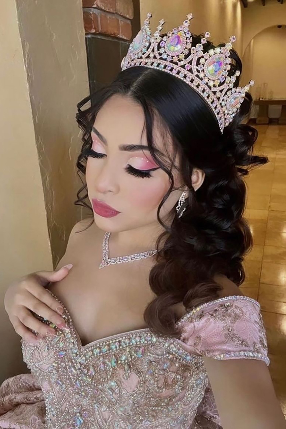 Off-the-Shoulder Dusty Rose Ball Gown with Sparkly Sequins and Beading for Quinceanera