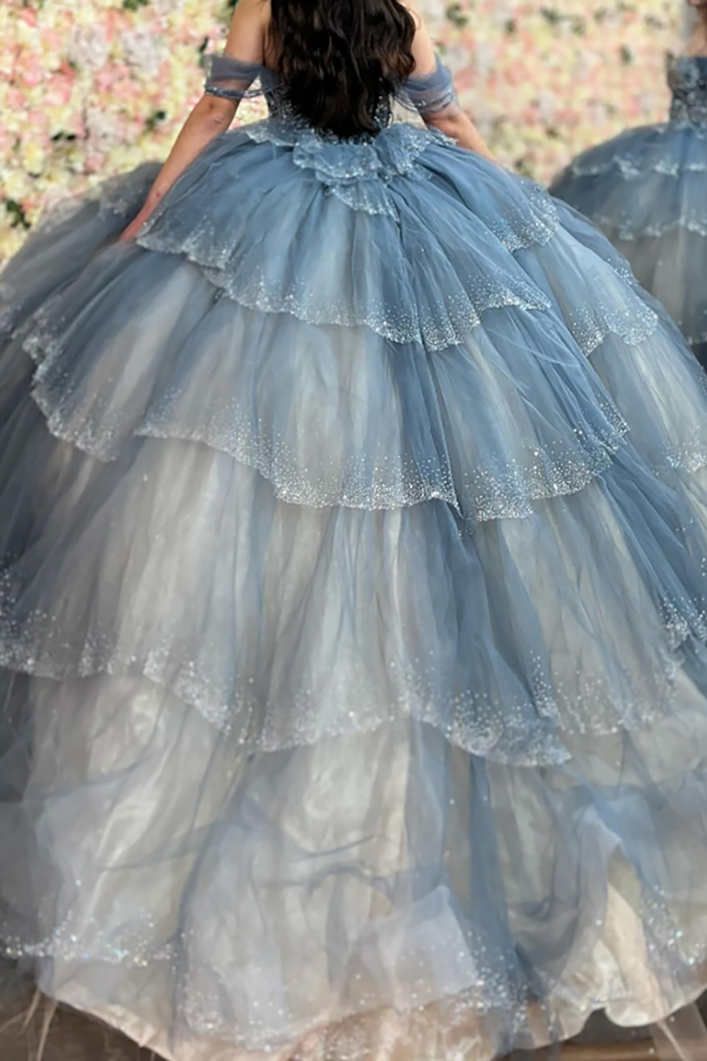Blue Glitter Beaded Quinceanera Dress with Off-Shoulder Tulle Tiered Ball Gown