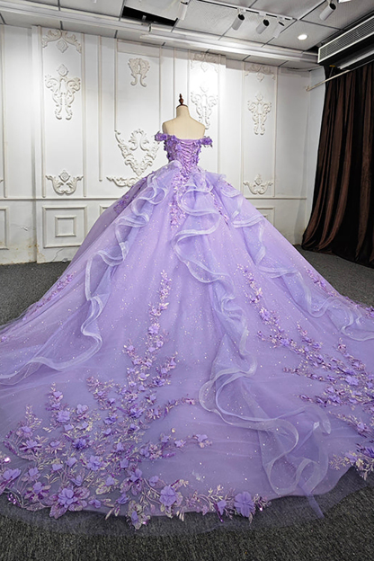 Off-the-Shoulder Lavender Tulle Quinceanera Ball Gown Featuring Appliques