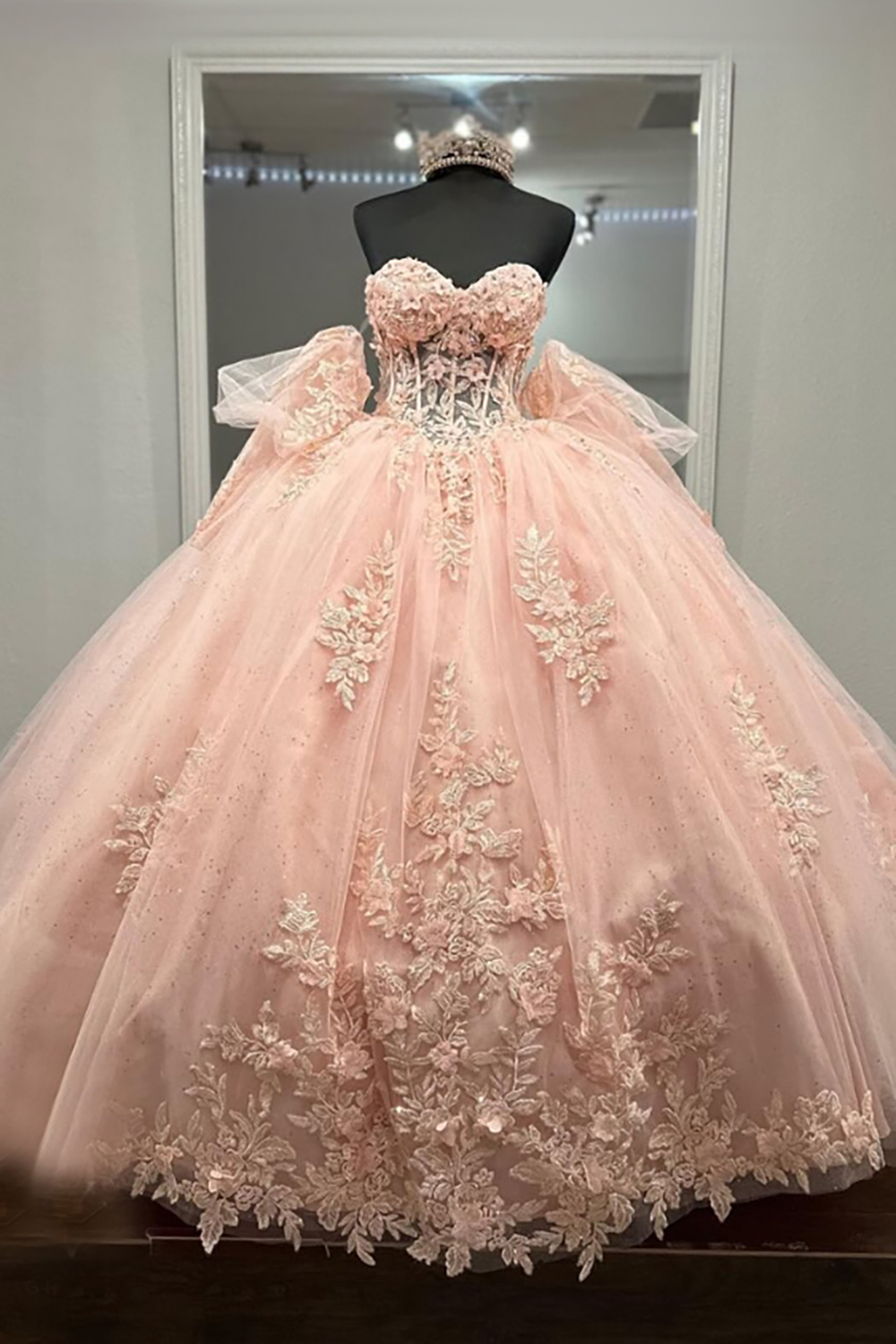 Sweetheart Princess Quinceanera Dress in Sparkly Blush Pink with Tulle Applique and Bow