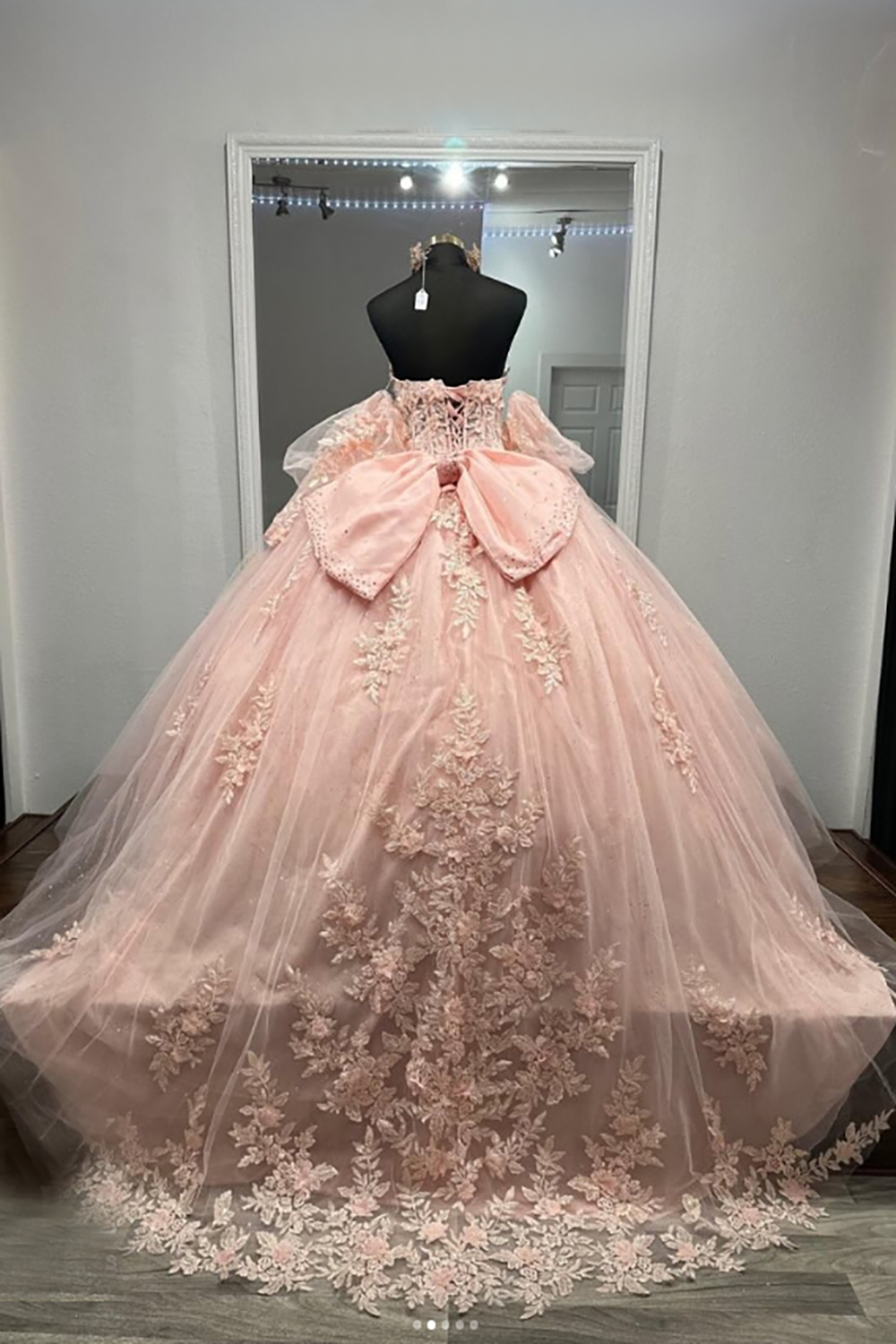 Sweetheart Princess Quinceanera Dress in Sparkly Blush Pink with Tulle Applique and Bow