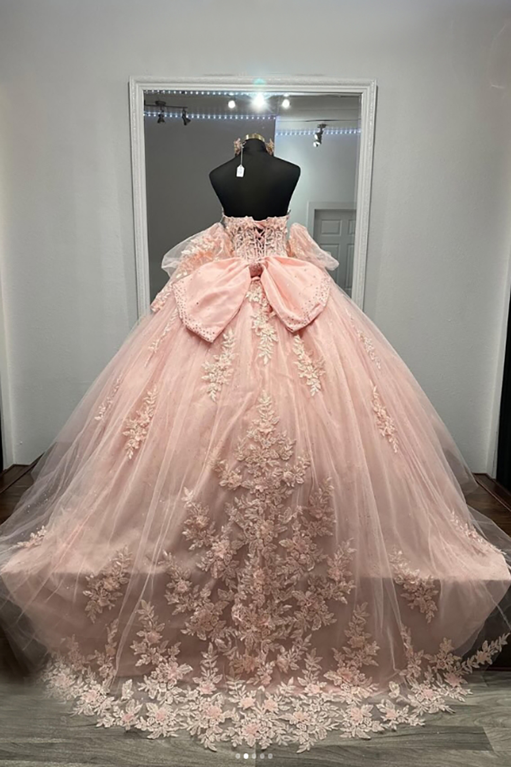 Sweetheart Princess Quinceanera Dress in Sparkly Blush Pink with Tulle Applique and Bow