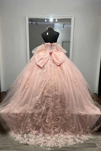 Sweetheart Princess Quinceanera Dress in Sparkly Blush Pink with Tulle Applique and Bow
