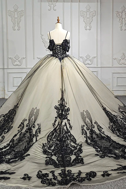 Black Glitter Princess Quinceanera Dress with Tulle Applique and Beaded Spaghetti Straps