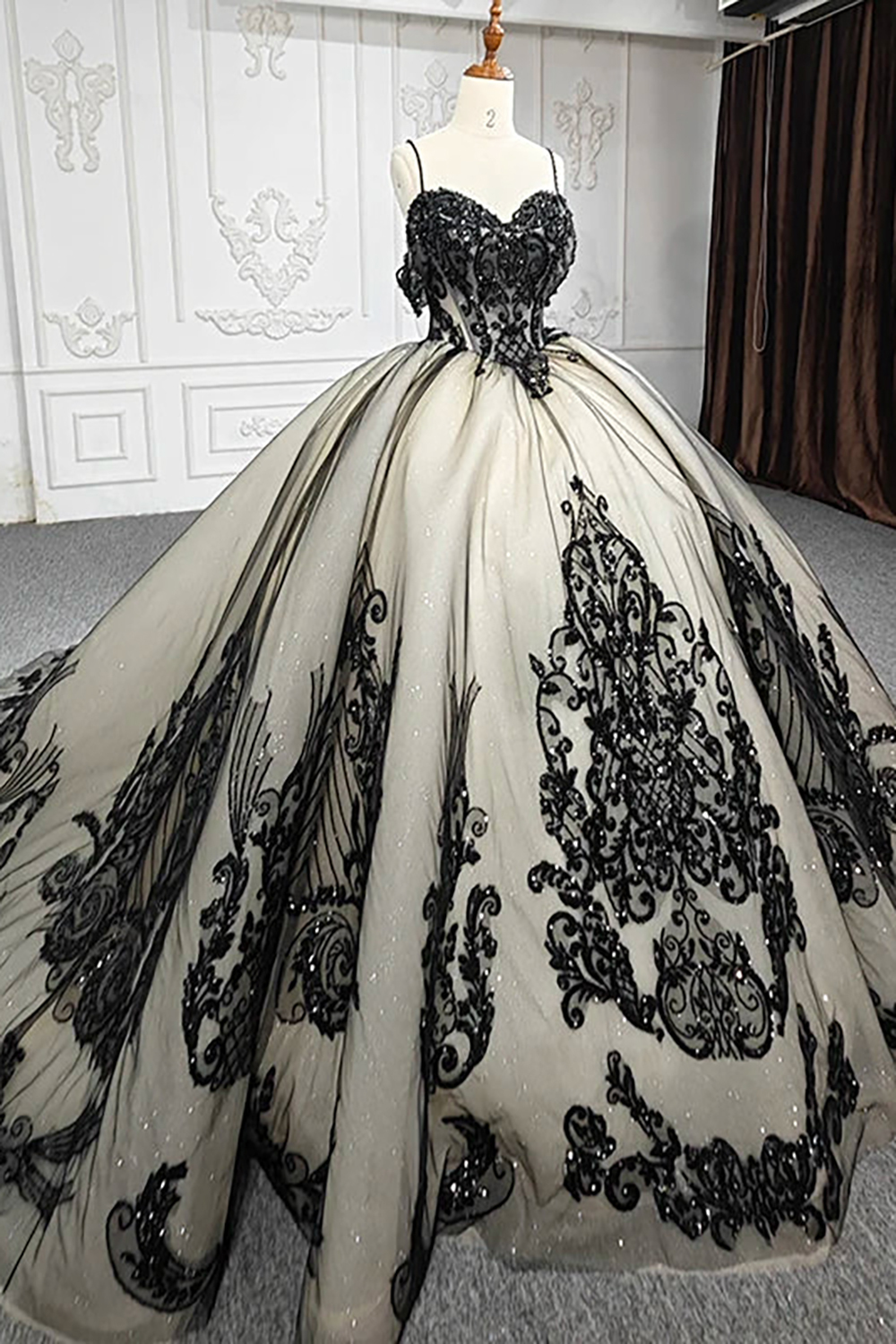 Black Glitter Princess Quinceanera Dress with Tulle Applique and Beaded Spaghetti Straps