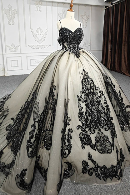 Black Glitter Princess Quinceanera Dress with Tulle Applique and Beaded Spaghetti Straps