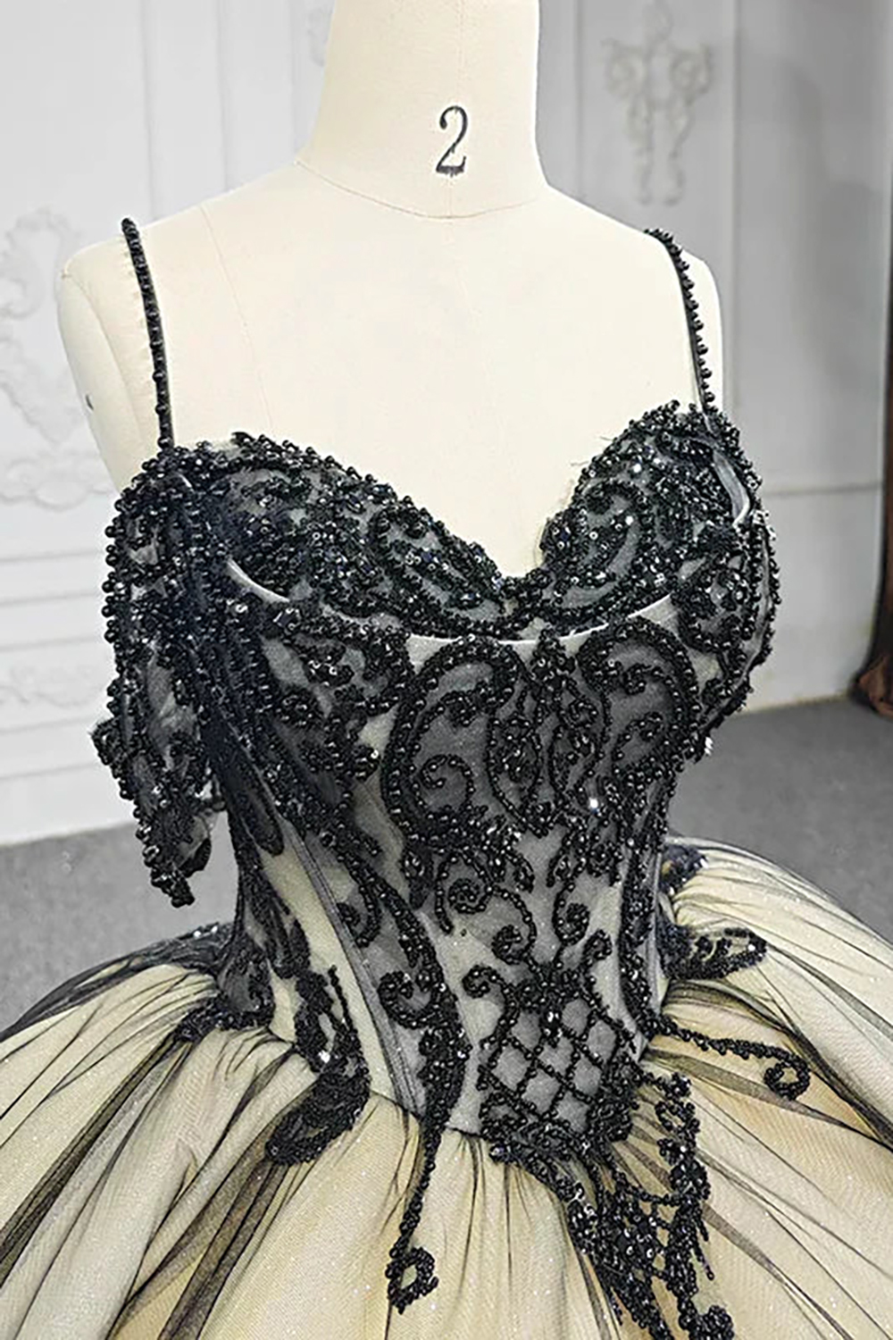 Black Glitter Princess Quinceanera Dress with Tulle Applique and Beaded Spaghetti Straps