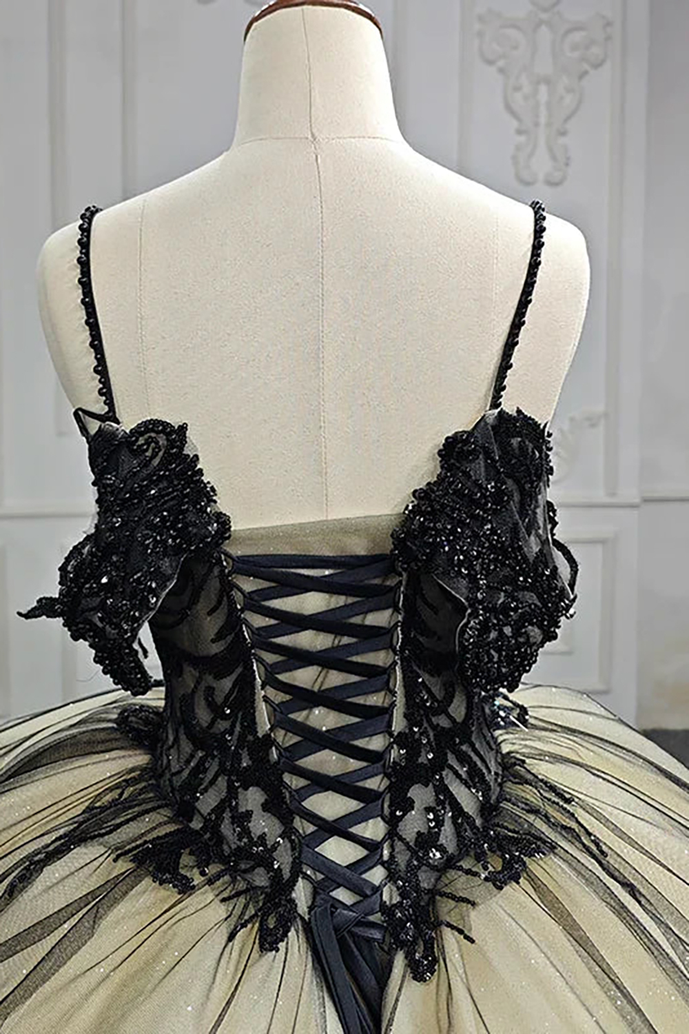 Black Glitter Princess Quinceanera Dress with Tulle Applique and Beaded Spaghetti Straps