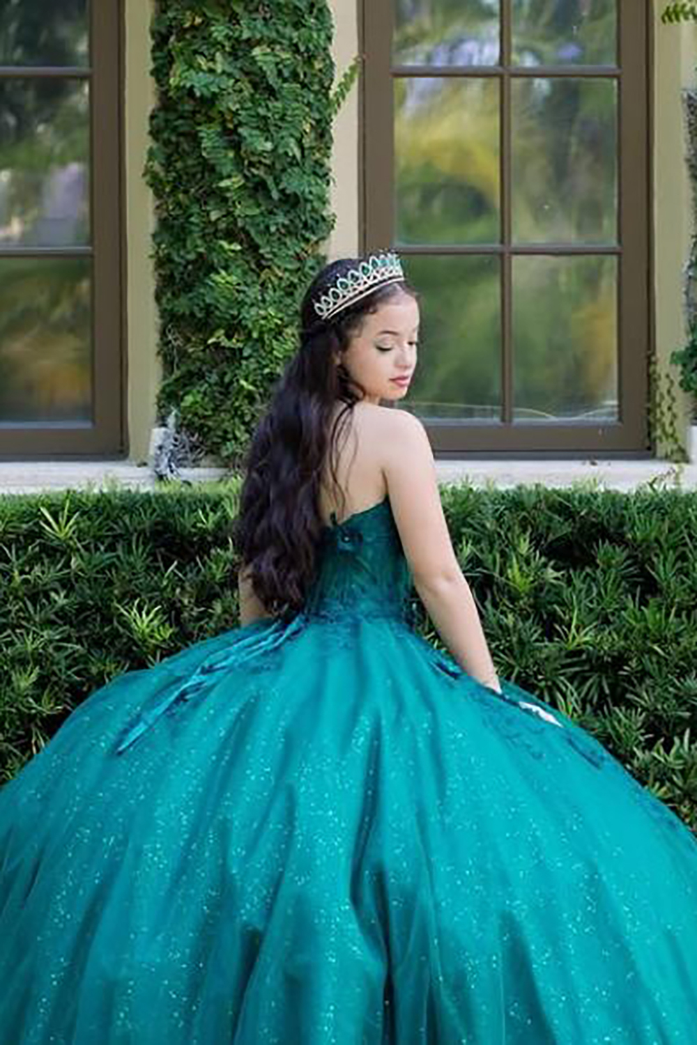 Sweetheart Princess Quinceanera Dress in Sparkly Peacock Tulle with Appliques
