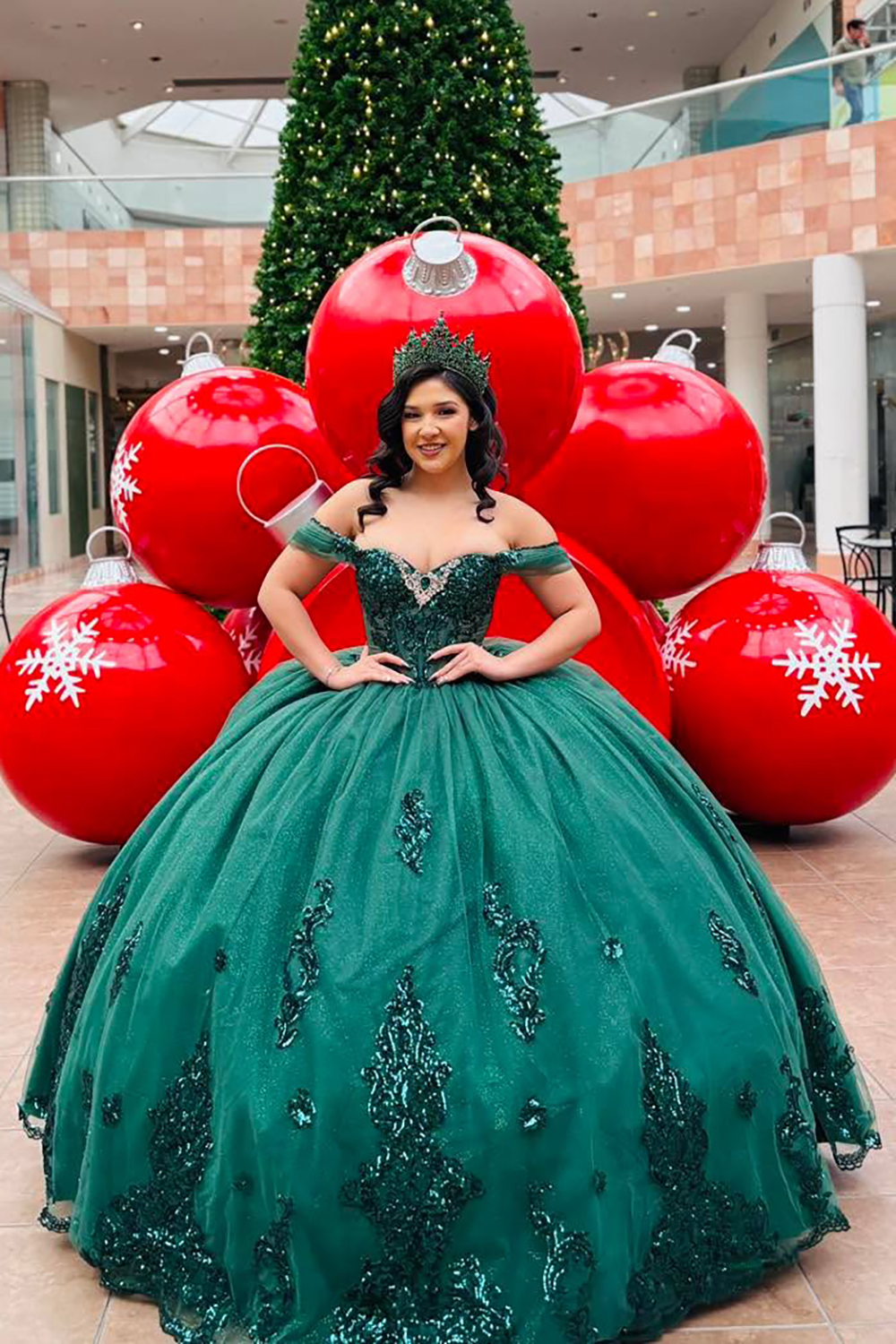 Sequined Dark Green Quinceanera Ball Gown with Off-the-Shoulder Appliques