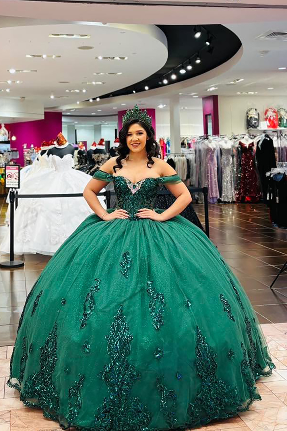 Sequined Dark Green Quinceanera Ball Gown with Off-the-Shoulder Appliques