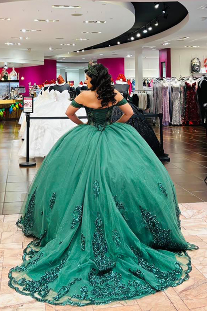 Sequined Dark Green Quinceanera Ball Gown with Off-the-Shoulder Appliques
