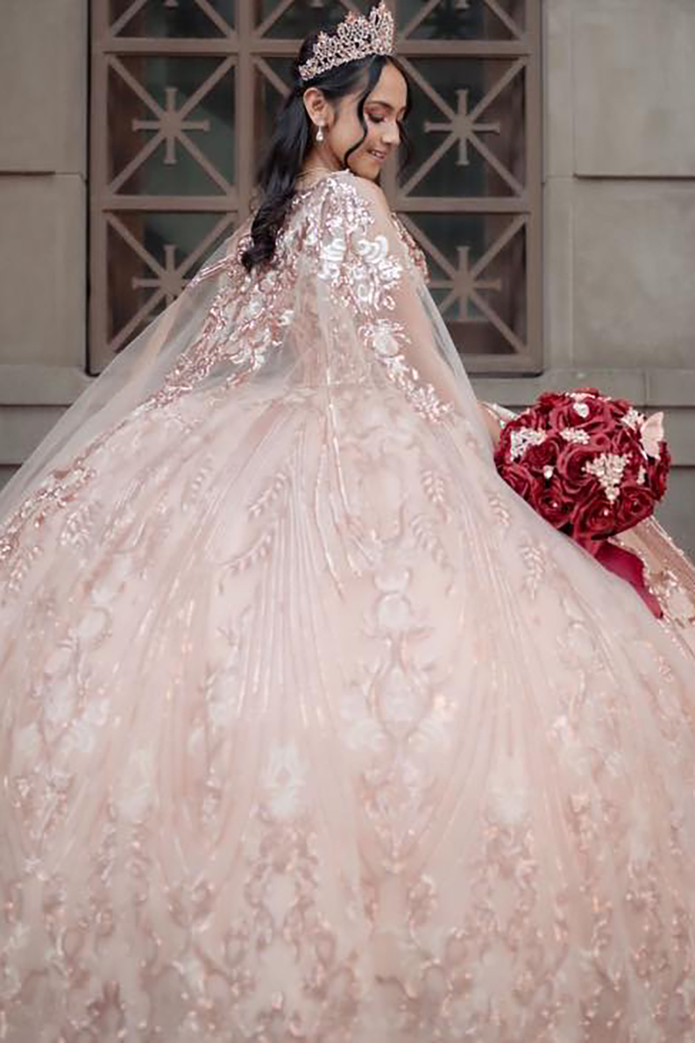 V-neck Quinceanera Ball Gown in Sparkly Gold Rose with Sequins