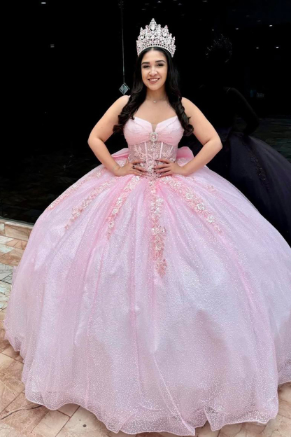 Princess Quinceanera Dress in Sparkly Blush Pink with Tulle Applique and Bow Spaghetti Straps