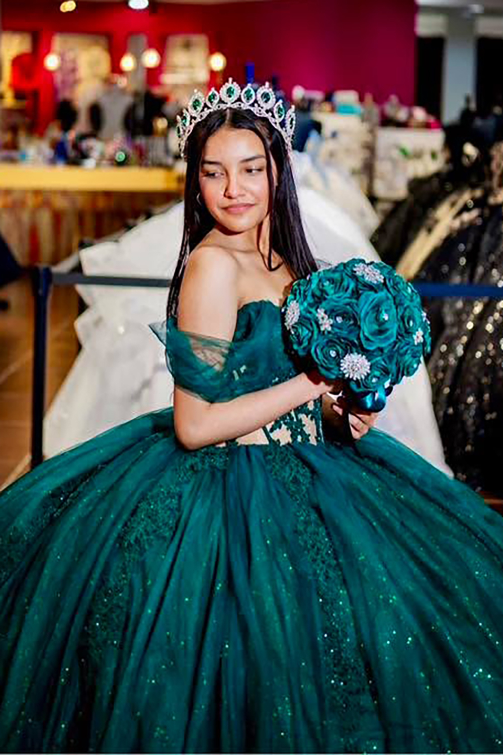 Quinceanera Ball Gown in Pine Green with Off-the-Shoulder Design and Applique Train