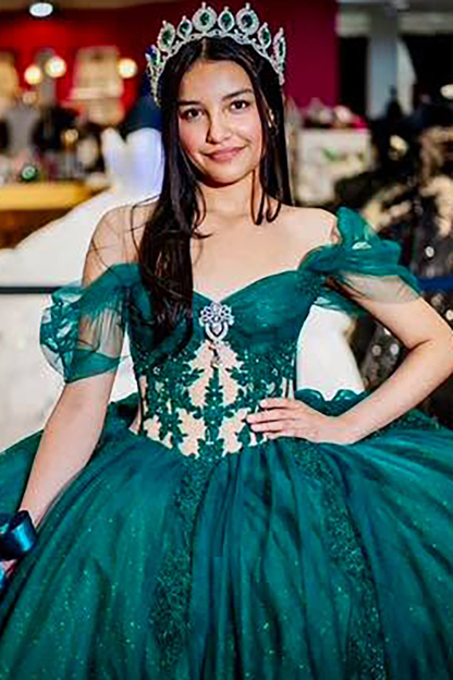 Quinceanera Ball Gown in Pine Green with Off-the-Shoulder Design and Applique Train