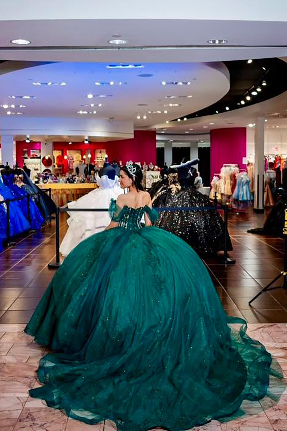 Quinceanera Ball Gown in Pine Green with Off-the-Shoulder Design and Applique Train
