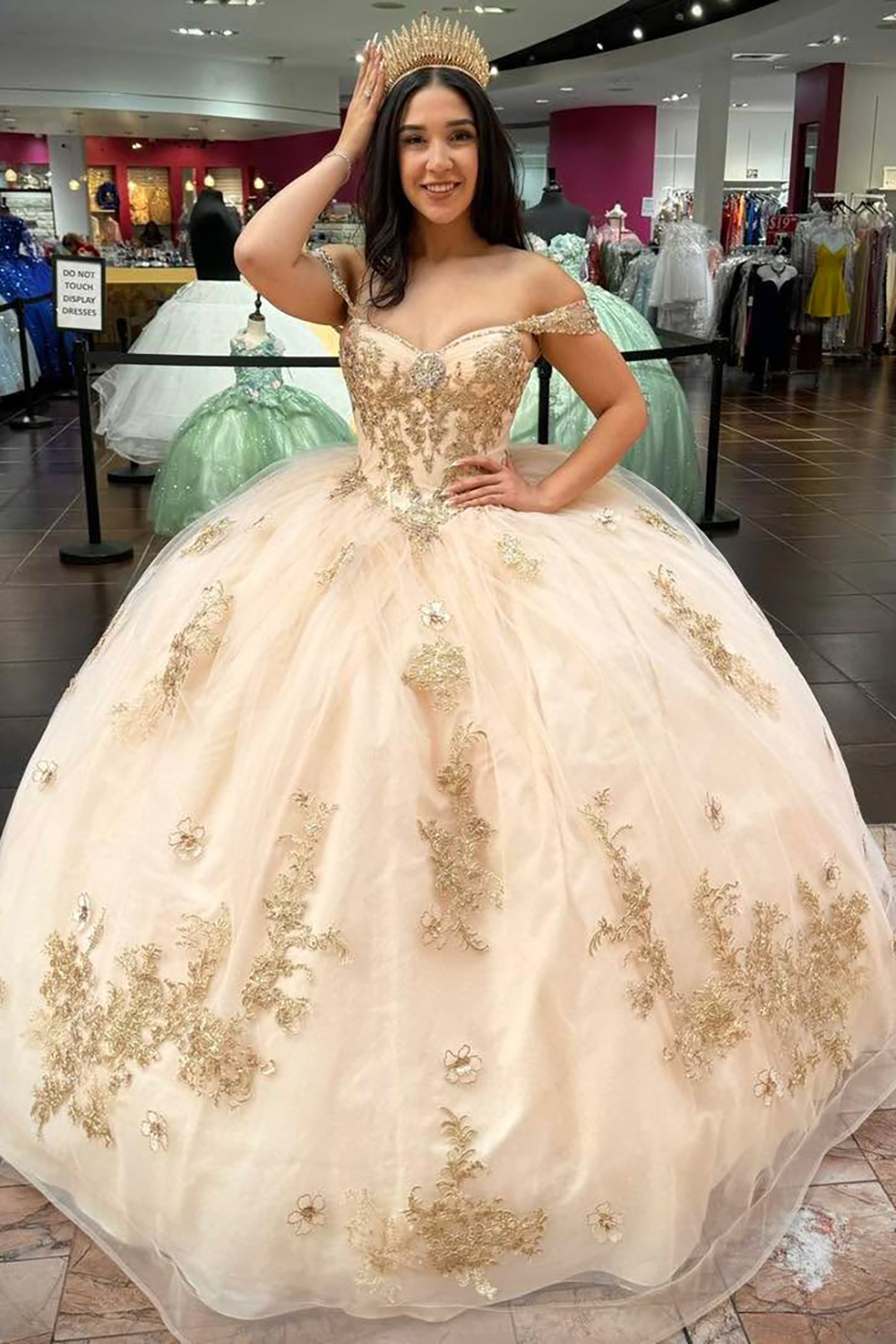 Princess Quinceanera Dress in Champagne with Off-the-Shoulder Tulle and Appliques