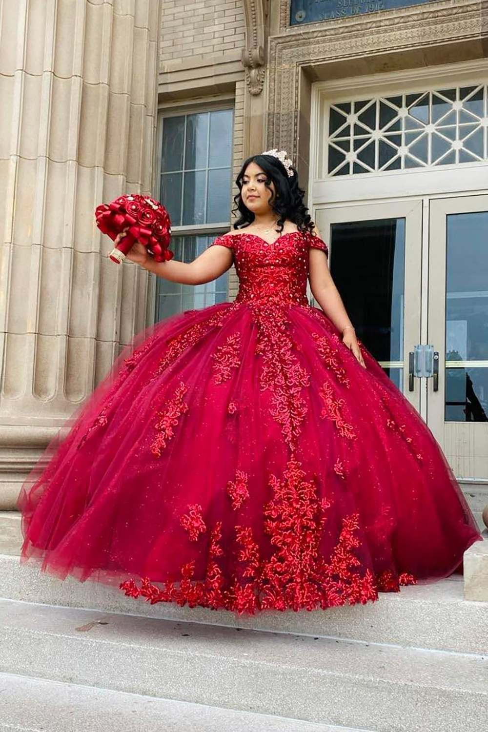 Off-the-Shoulder Burgundy Tulle Quinceanera Ball Gown with Appliques