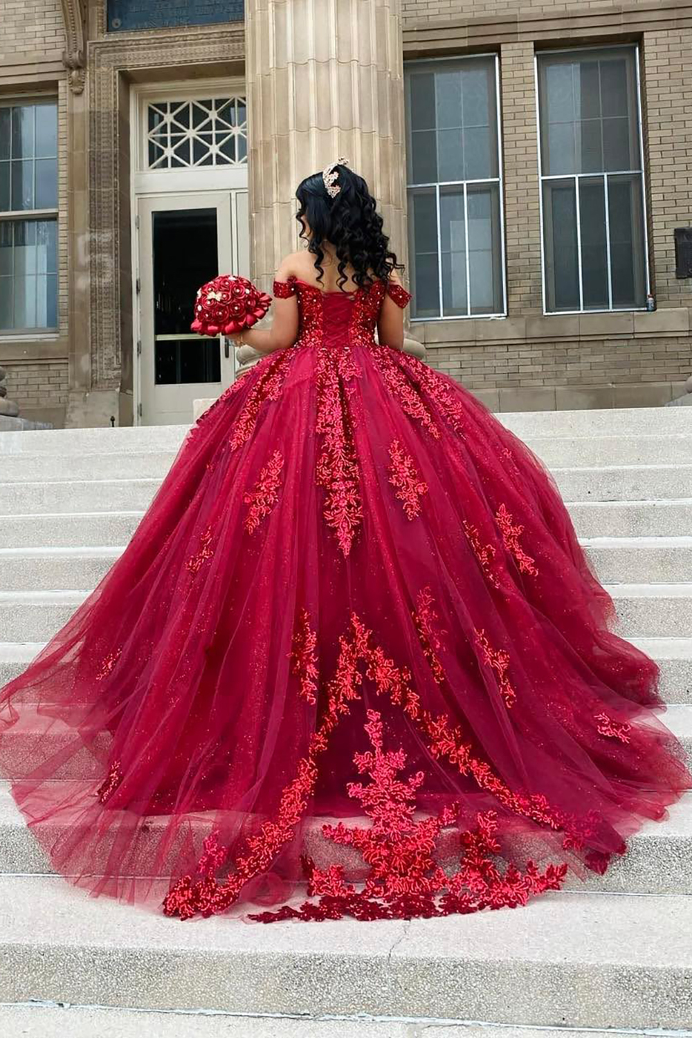 Off-the-Shoulder Burgundy Tulle Quinceanera Ball Gown with Appliques