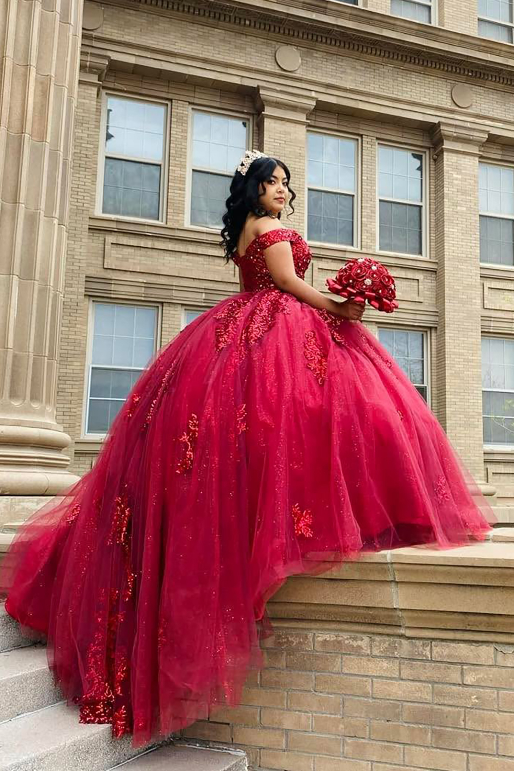 Off-the-Shoulder Burgundy Tulle Quinceanera Ball Gown with Appliques