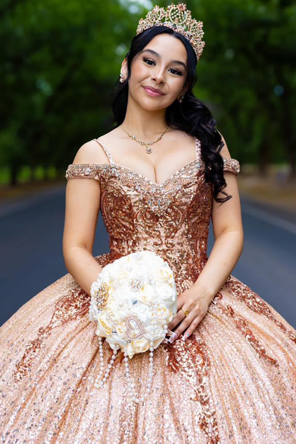 Gold Sparkle Princess Quinceanera Dress with Cold Shoulder and Beaded Sequins
