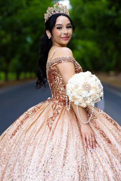 Gold Sparkle Princess Quinceanera Dress with Cold Shoulder and Beaded Sequins