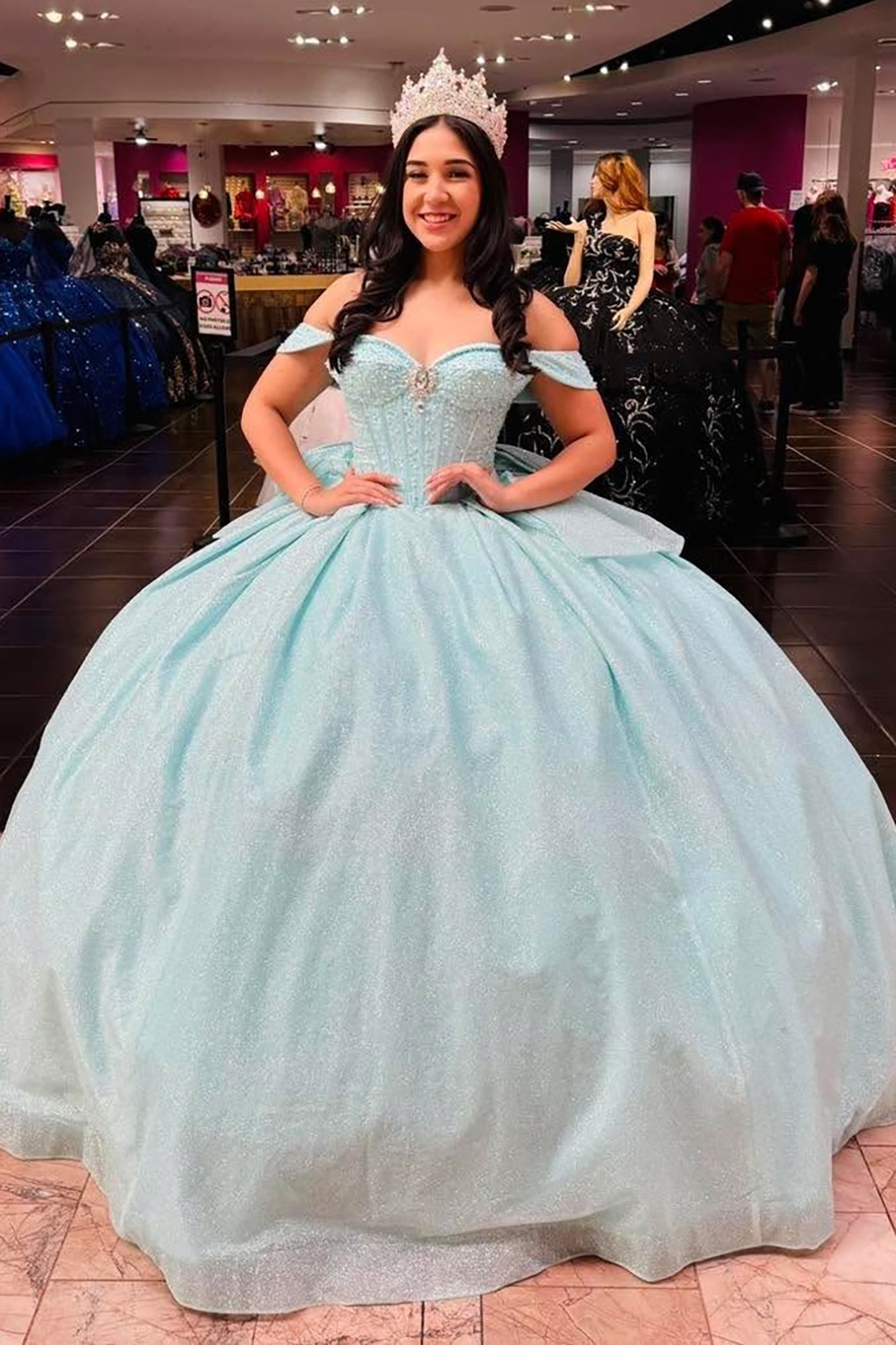Mint Off-the-Shoulder Sparkly Princess Tulle Quinceanera Dress Featuring Sequins and a Bow