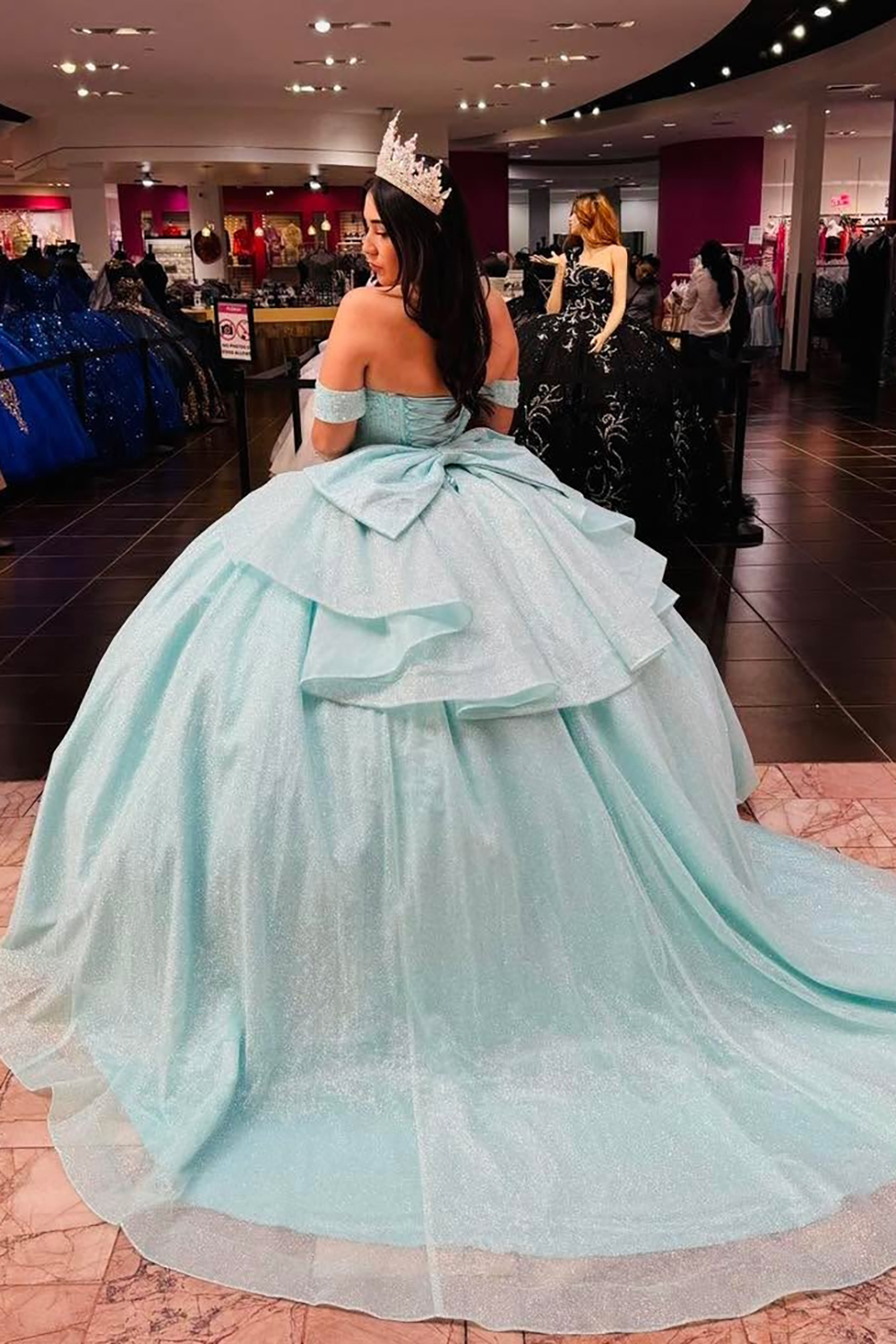 Mint Off-the-Shoulder Sparkly Princess Tulle Quinceanera Dress Featuring Sequins and a Bow