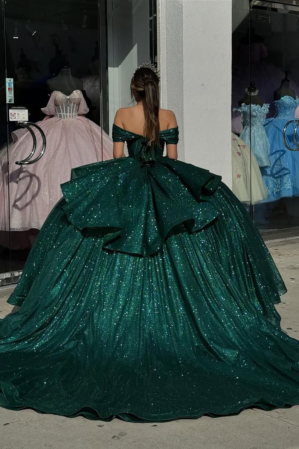 Mint Off-the-Shoulder Sparkly Princess Tulle Quinceanera Dress Featuring Sequins and a Bow