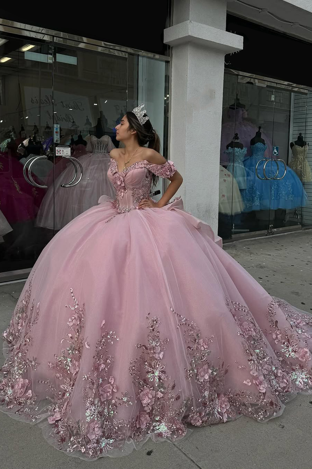 Off-the-Shoulder Blush Pink Ball Gown with Floral Applique and Tulle Train for Quinceanera